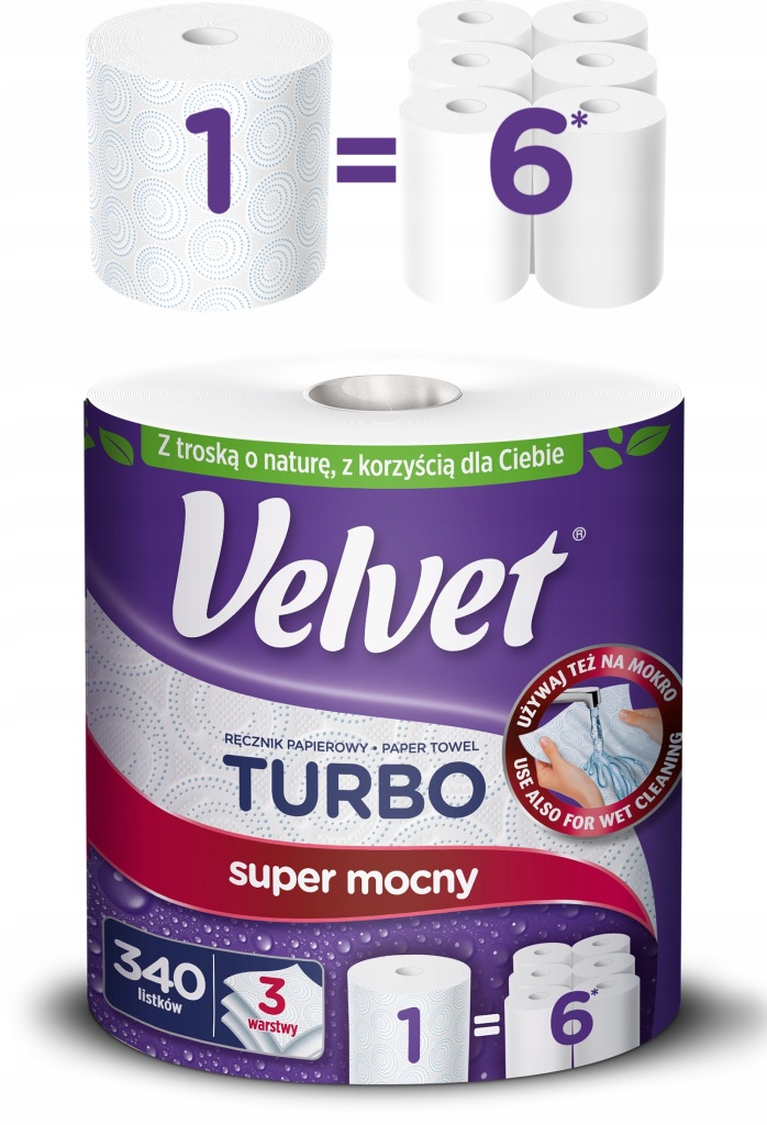 Velvet TURBO papierové utierky GIGA 6 ks | 3 vrstvy, 340 listov na rolku